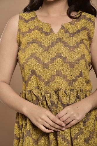 Mustard and Brown Printed A-Line Casual Sleeveless Kurti
