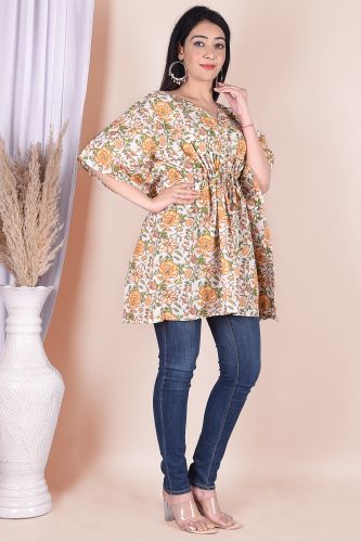 Green and Off-White Floral Printed Kaftan Cotton Top