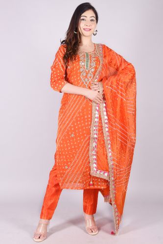 Cotton Silk Orange Bandhej Heavy Embroidery Kurta with Trouser and Dupatta
