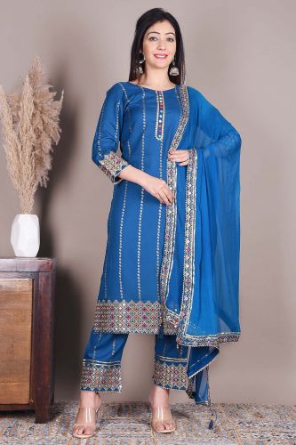 Blue Ethnic Kurta with Palazzo Pants and a Dupatta with Heavy Embroidery