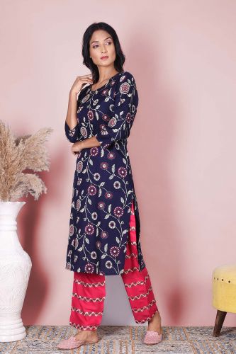 Blue & Pink Printed Kurta With Palazzo Set