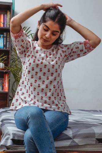 Red & White Floral Printed Casual Cotton Top