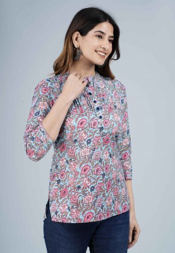 Multi Coloured Ethnic Printed Pleated Cotton Top