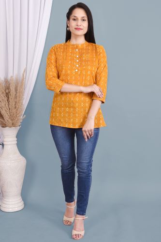 Mustard Ethnic Printed Pleated Cotton Top