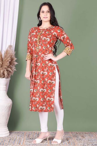 Orange Floral Printed Straight Cotton Kurta