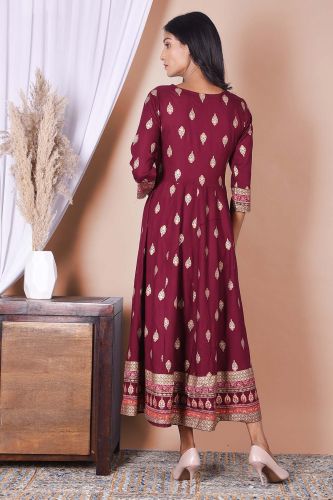 Wine & Golden Printed Rayon A-Line Kurta