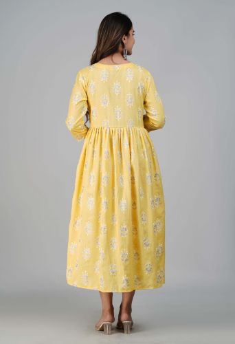 Yellow Flower Printed A-Line Cotton Kurti