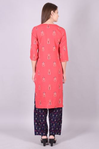 Gold Printed Pink Rayon Kurta with Handwork & Gold Printed Palazzo