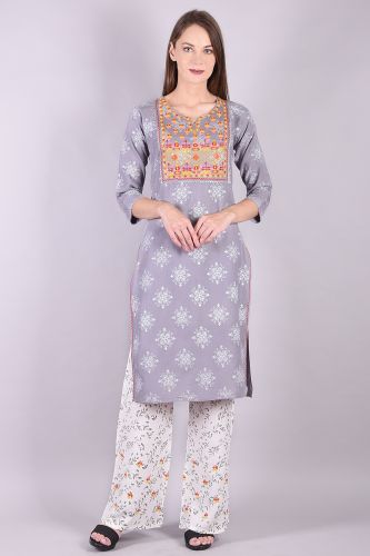 Embroidered Ash Printed Kurta Palazzo Set