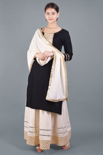 Solid Black Kurta with Off-white Skirt Dupatta Set
