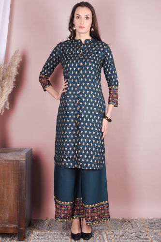 Teal & Gold Printed Kurta With Printed Palazzo