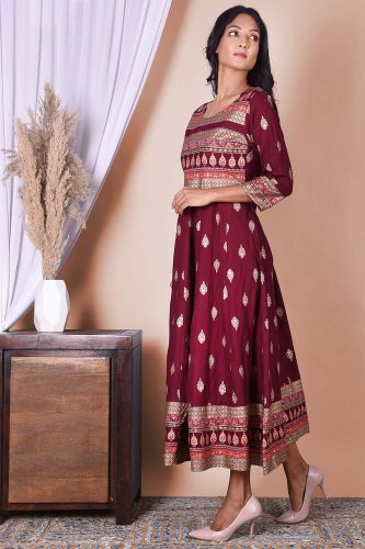 Wine & Golden Printed Rayon A-Line Kurta