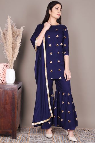 Blue and Gold Printed Short Kurta with Sharara and a Dupatta Set