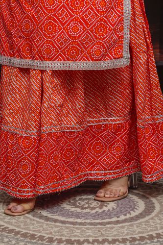 Red Bandhej Printed Cotton Kurta With Skirt & Dupatta