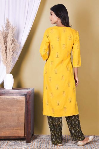 Mustard Printed Handwork Kurta With Printed Palazzo