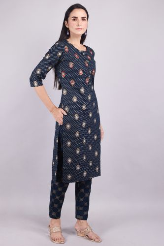 Navy Blue Printed Ethnic Cotton Kurta Trouser Set