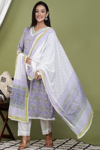 Lavender A-Line Cotton Kurta with Palazzo & Dupatta