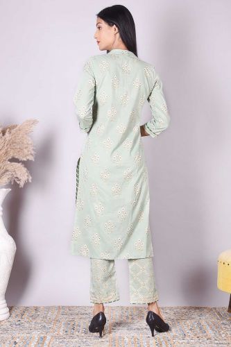 Pista Printed Straight-fit Cotton Kurta with Printed Palazzo Pants and a Dupatta
