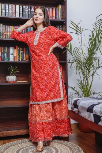 Red Bandhej Printed Cotton Kurta With Skirt & Dupatta