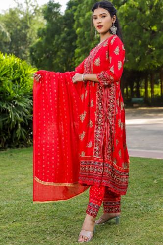 Red Handwork Rayon Kurta With Palazzo & Dupatta