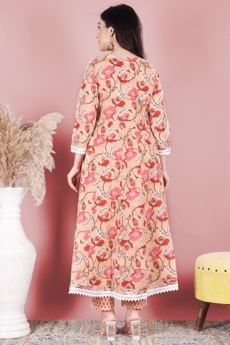 Peach Printed Anarkali Kurta With Printed Palazzo & Dupatta