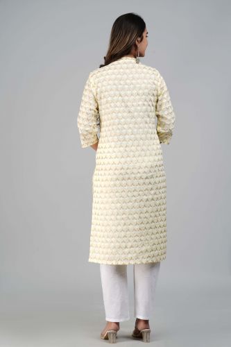 Yellow Flower Printed Straight Cotton Kurta