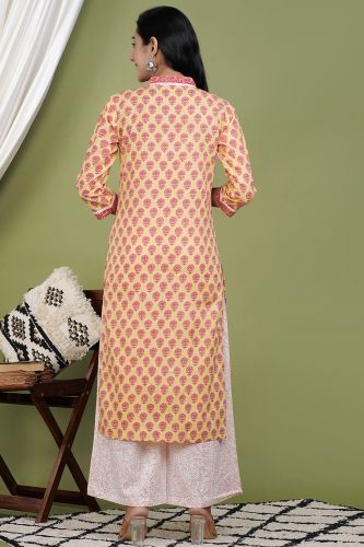 Yellow and White Cotton Printed Straight-Fit Kurta Palazzo with Dupatta