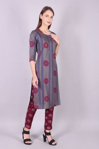 Gold Printed Blueish Grey Kurta with handwork and Gold Printed Palazzo