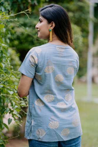 Blue and Golden Printed Cotton Ethnic Top