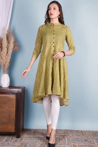 Green Floral Printed Flared A-Line Cotton Kurta