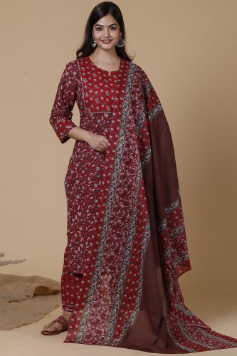 Maroon Floral Printed A-Line Cotton Kurta With Handwork, Printed Palazzo & Dupatta