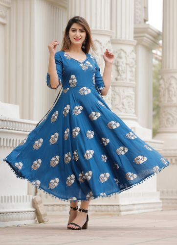 Royal Blue Floral Printed Anarkali Kurta With Striped Dupatta