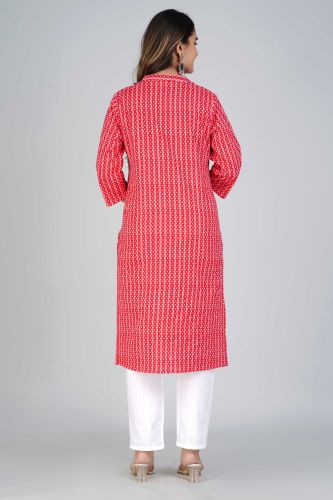 Red Striped Printed Straight Cotton Kurta