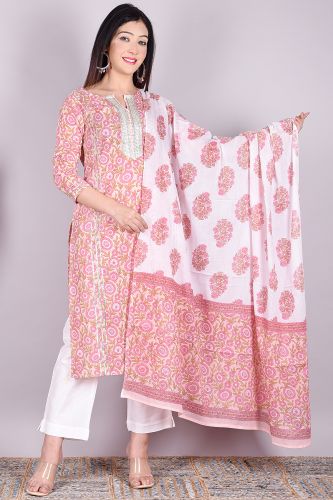 White & Pink Floral Printed Cotton Kurta with Solid White Palazzo and a Printed Dupatta