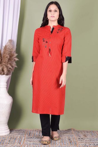 Red Striped Printed And Embroidered Kurta With Solid Black Pant