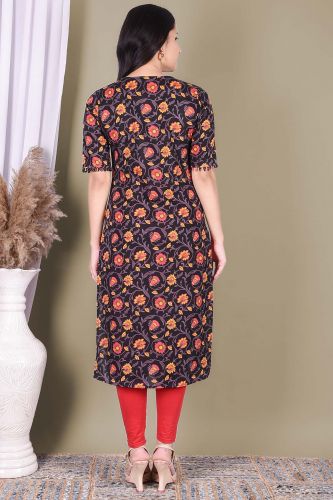 Black Floral Printed Cotton Straight Kurta