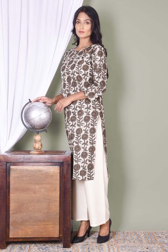 Flower Printed Green Cotton Kurti