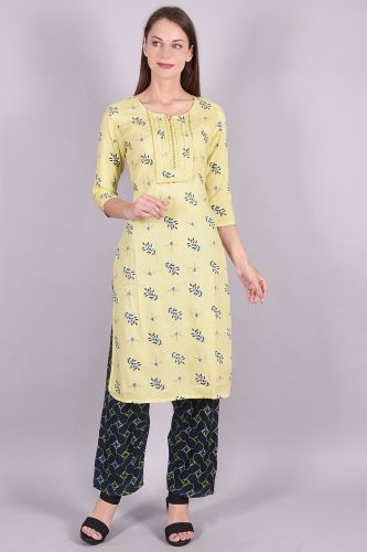 Yellow Printed Handwork Kurta With Palazzo Set