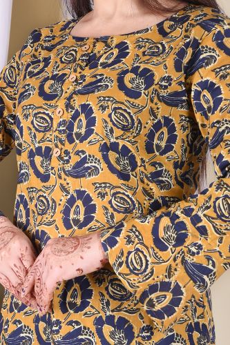 Mustard with Navy Blue Print Ethnic Cotton Top