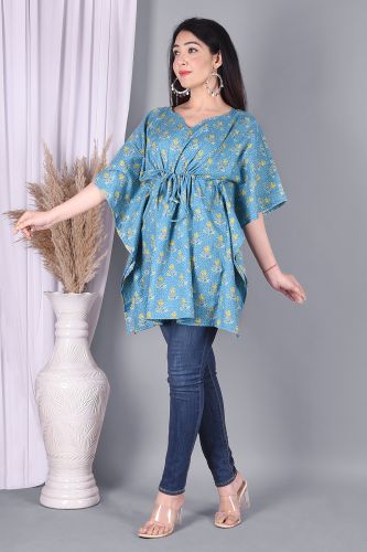 Blue Floral Printed Kaftan Cotton Top