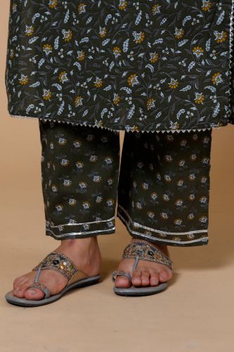 Green Floral Printed A-Line Cotton Kurta With Handwork, Printed Palazzo & Dupatta