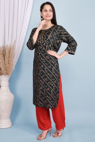 Green Rayon Gota Patti & Ethnic Printed Kurta With Palazzo