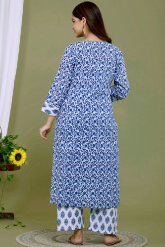 White With Indigo Print Cotton Kurti With Printed Palazzo and Cotton Dupattaa