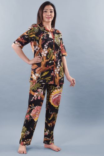 Black Multicoloured Printed Cotton Night Suit