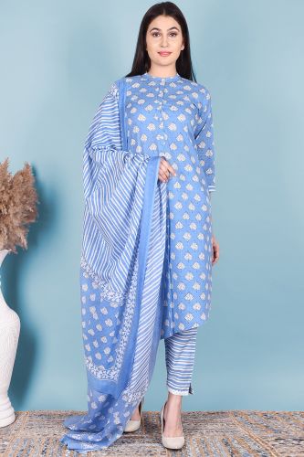 Blue & White Printed High-Low Cotton Kurta with Striped Printed Palazzo Pants and a Dupatta