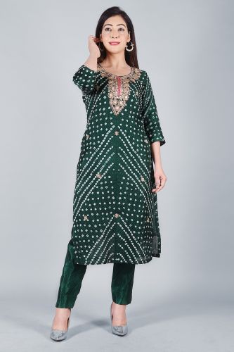 Cotton Silk Bottle Green Bandhej Heavy Embroidered Kurta With Trouser & Dupatta