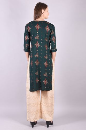 Handwork Printed Green Kurta With Beige Palazzo Set