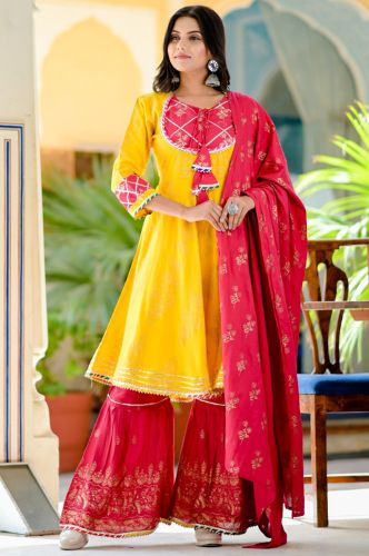 Premium Rayon Yellow & Red Printed Flared Kurta with Printed Sharara and Dupatta