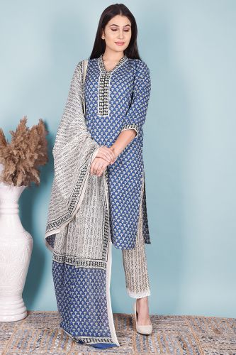 Blue A-Line Cotton Kurta With Lace Work With Printed Pant And Dupatta