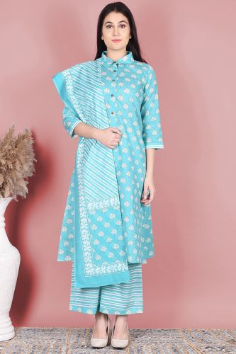 Sea Blue Printed Straight-Fit Cotton Kurta with Striped Palazzo & Dupatta